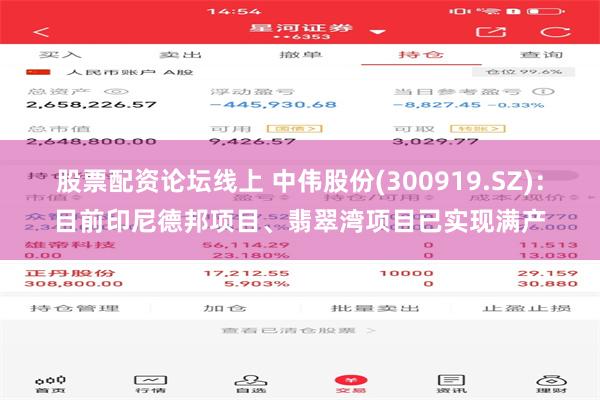 股票配资论坛线上 中伟股份(300919.SZ)：目前印尼德邦项目、翡翠湾项目已实现满产